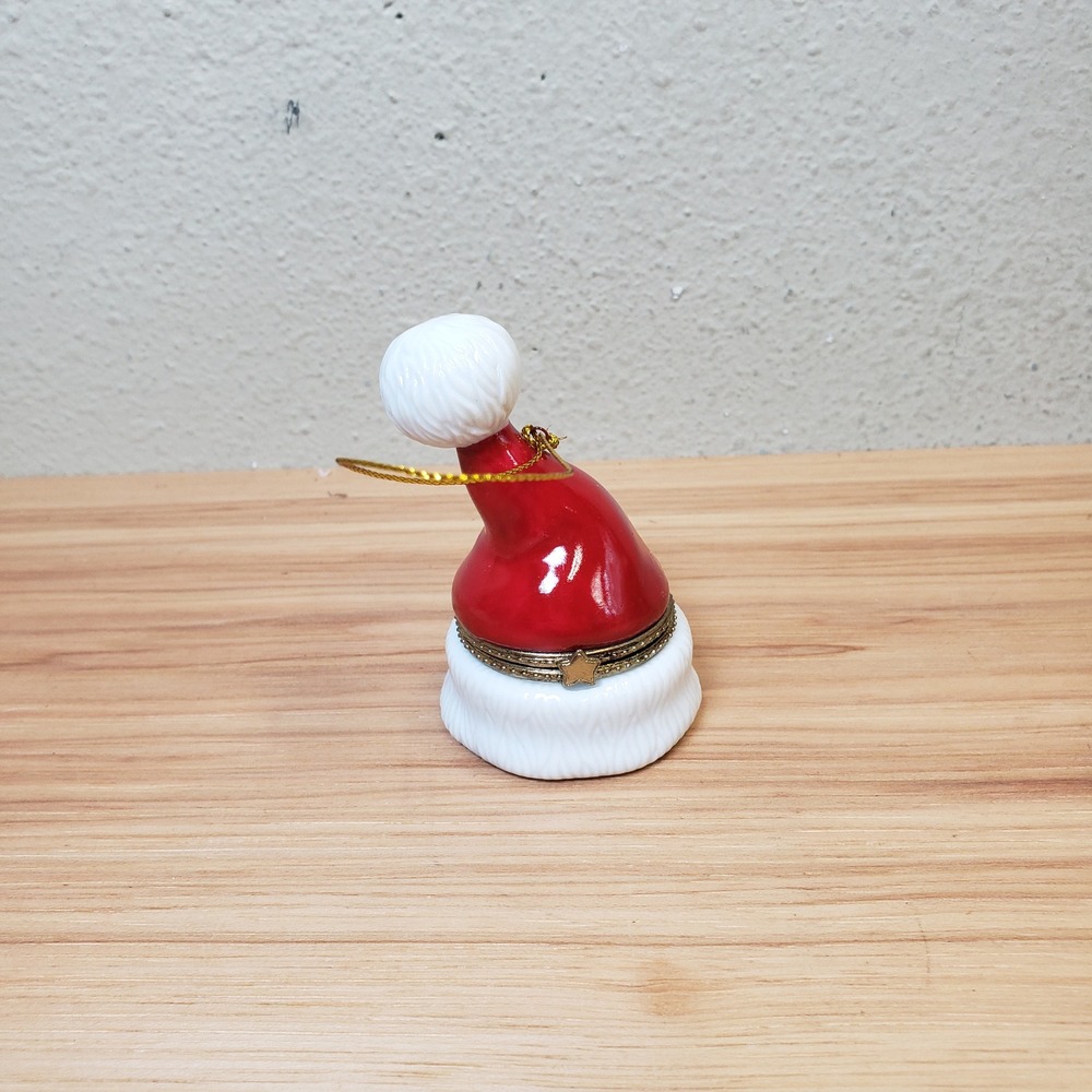 Santa Clause Hat Porcelain Hinged Surprise Gift Trinket Box Christmas Ornament